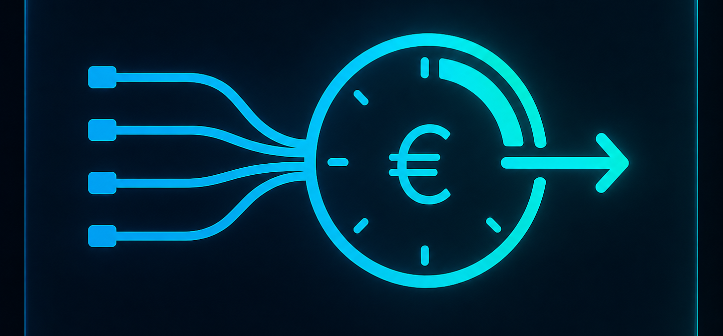 DAREALGOR-Logo: mehrere Darlehenslinien laufen in einer gemeinsamen Euro- und Zeitlogik zusammen; rechts führt ein Pfeil als klarer nächster Handlungsweg heraus.